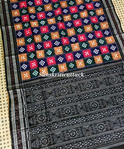 Authentic Odisha handloom Ikat cotton saree in blue, green, red and brown with traditional Pasapalli checks