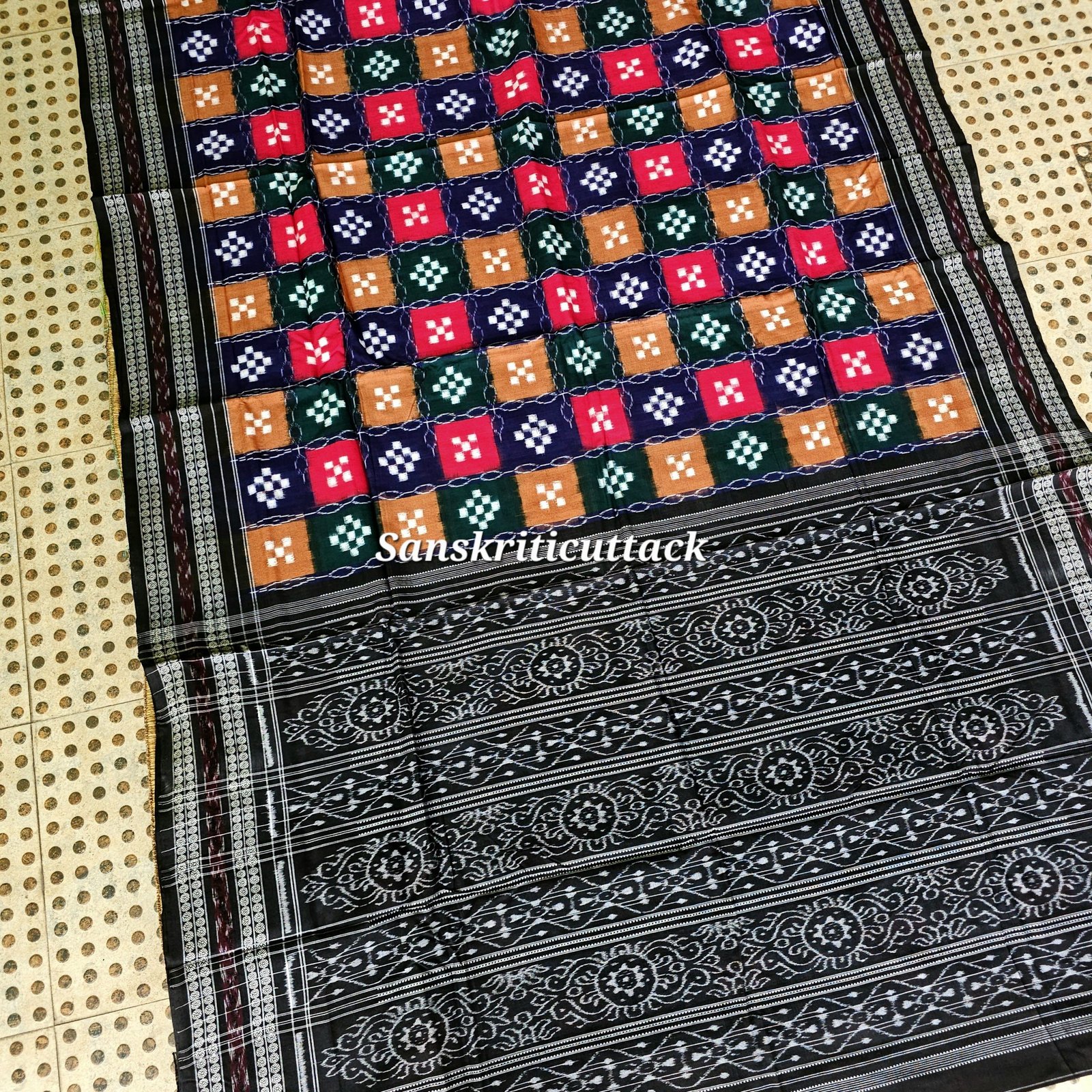 Authentic Odisha handloom Ikat cotton saree in blue, green, red and brown with traditional Pasapalli checks