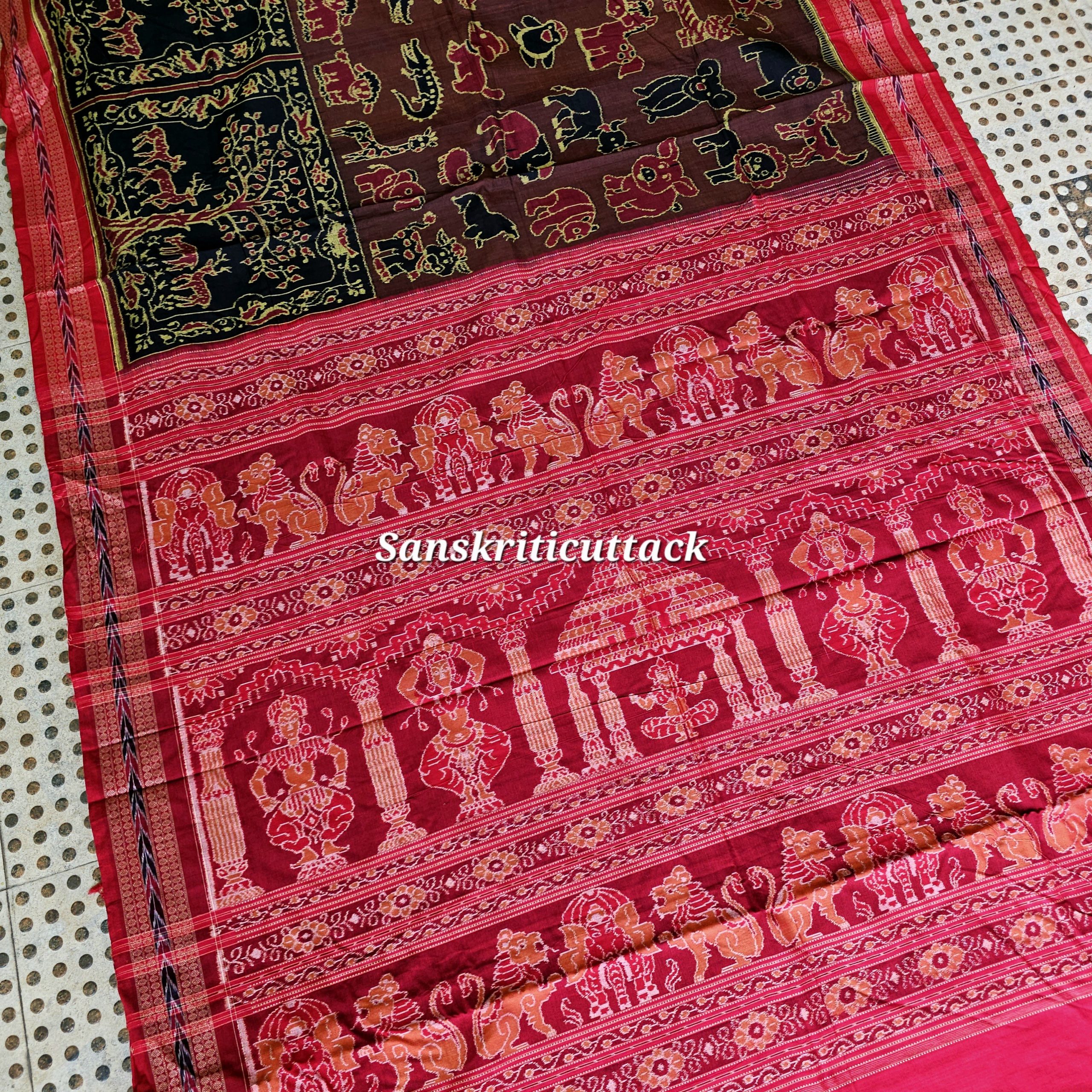 20260205_153409(1) Coffee Maroon Cartoon Ikat Sambalpuri Saree