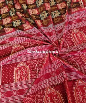 Multicolor Sambalpuri Cotton Saree with Blouse – Handloom Ikat Terracotta Design, Maroon Palla