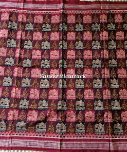 Multicolor Sambalpuri Cotton Saree with Blouse – Handloom Ikat Terracotta Design, Maroon Palla