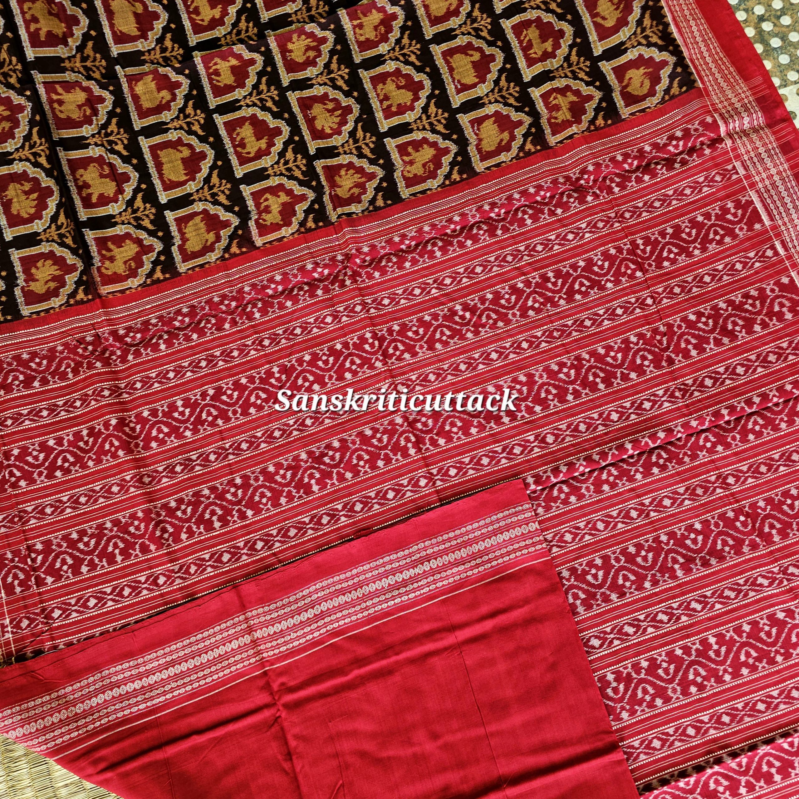 20260206_150517(1) Odisha ikat cotton saree with palace window animal pattern