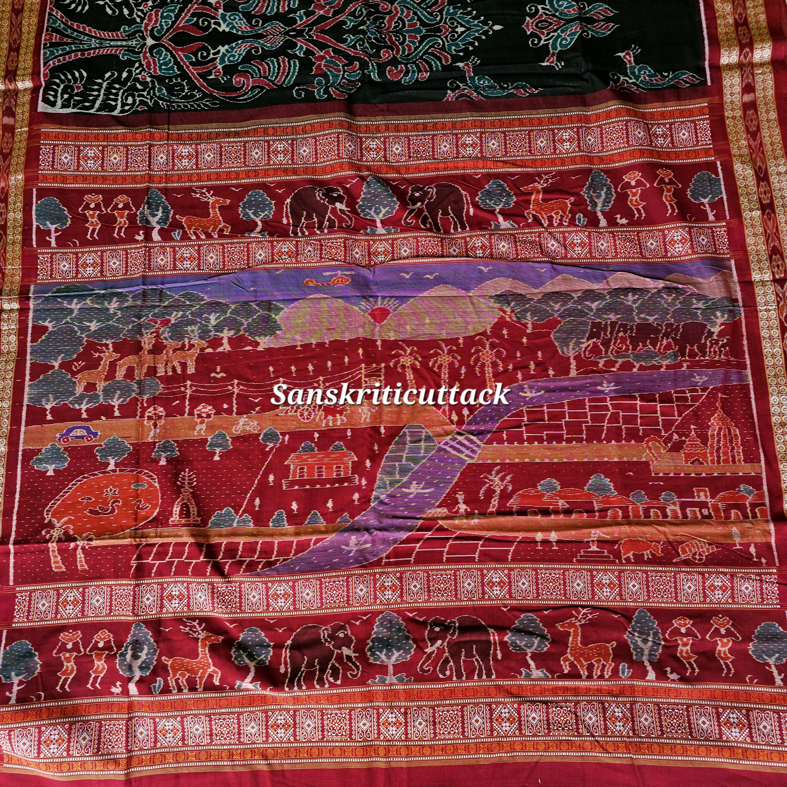20260206_150942(1) Odisha double ikat cotton saree with elephant and village motifs