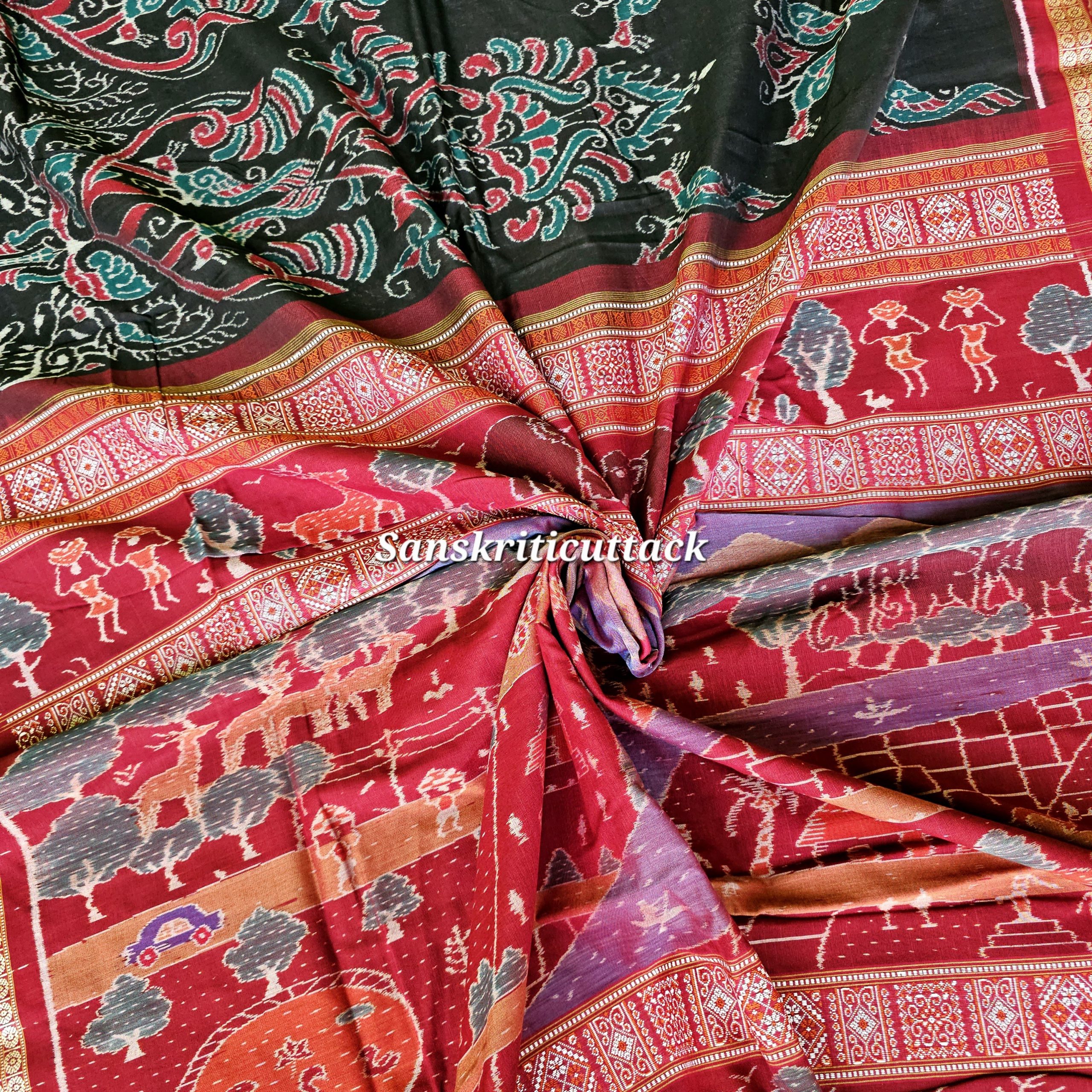 20260206_151017(1) Black and maroon Sambalpuri double ikat cotton saree with village pallu
