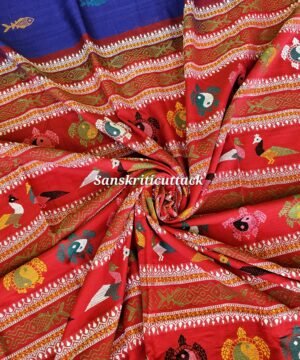 Ink Blue Red Yin Yang Habaspuri Cotton Saree