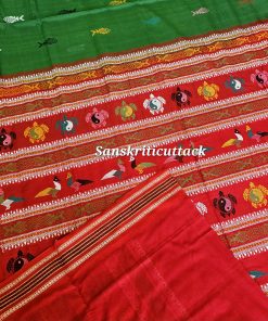 Green Cotton Saree with Red Border and Blouse Piece