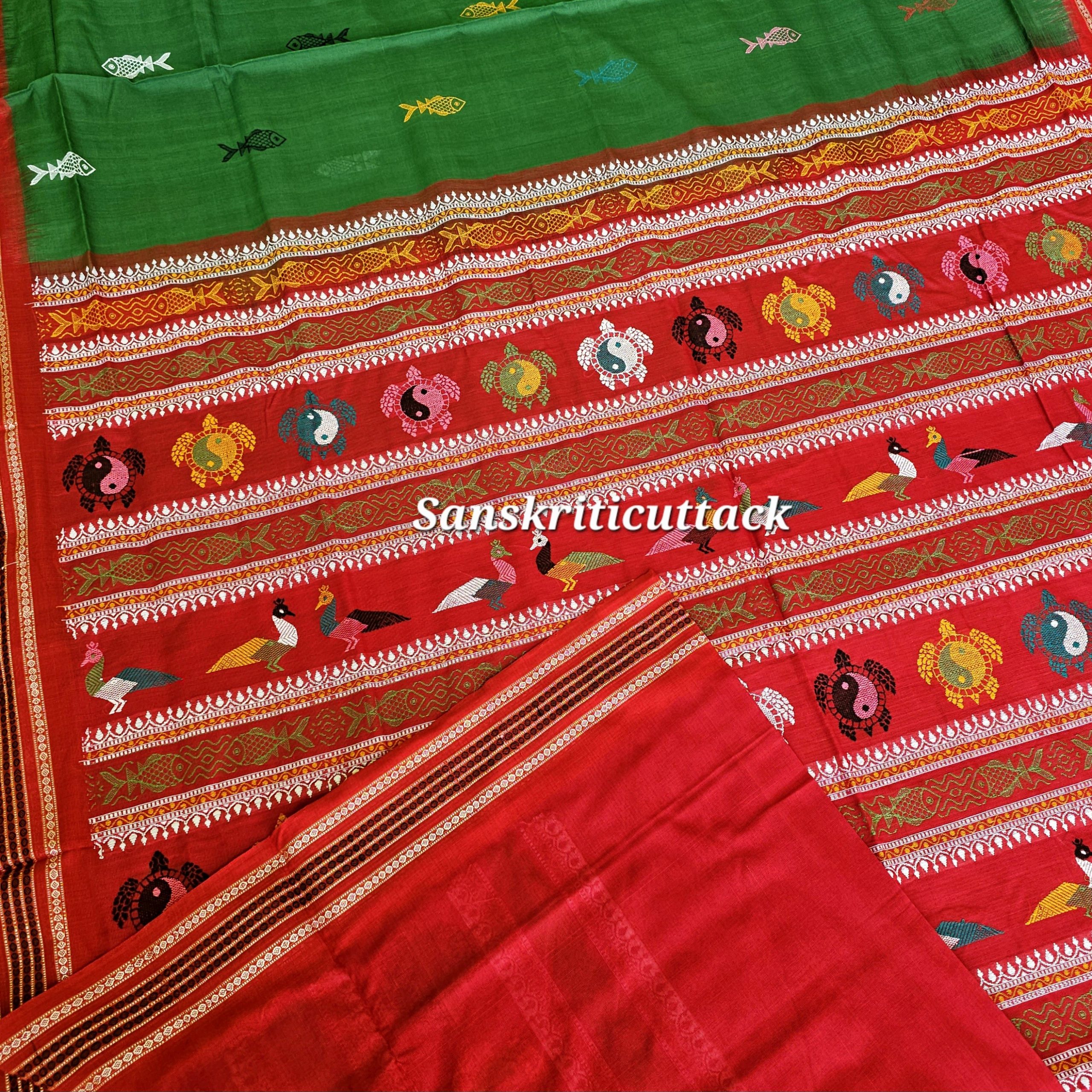 20260208_153424(1) Green Cotton Saree with Red Border and Blouse Piece