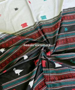 Grey Black Siminoi pure cotton handloom saree by Sanskriti Cuttack with fish and turtle motifs and black Jala pallu