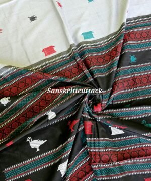 Grey Black Siminoi pure cotton handloom saree by Sanskriti Cuttack with fish and turtle motifs and black Jala pallu