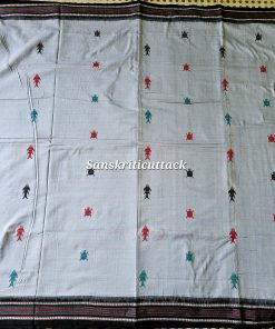 Close up of multicolour fish and turtle motifs on grey Siminoi cotton handwoven saree from Odisha