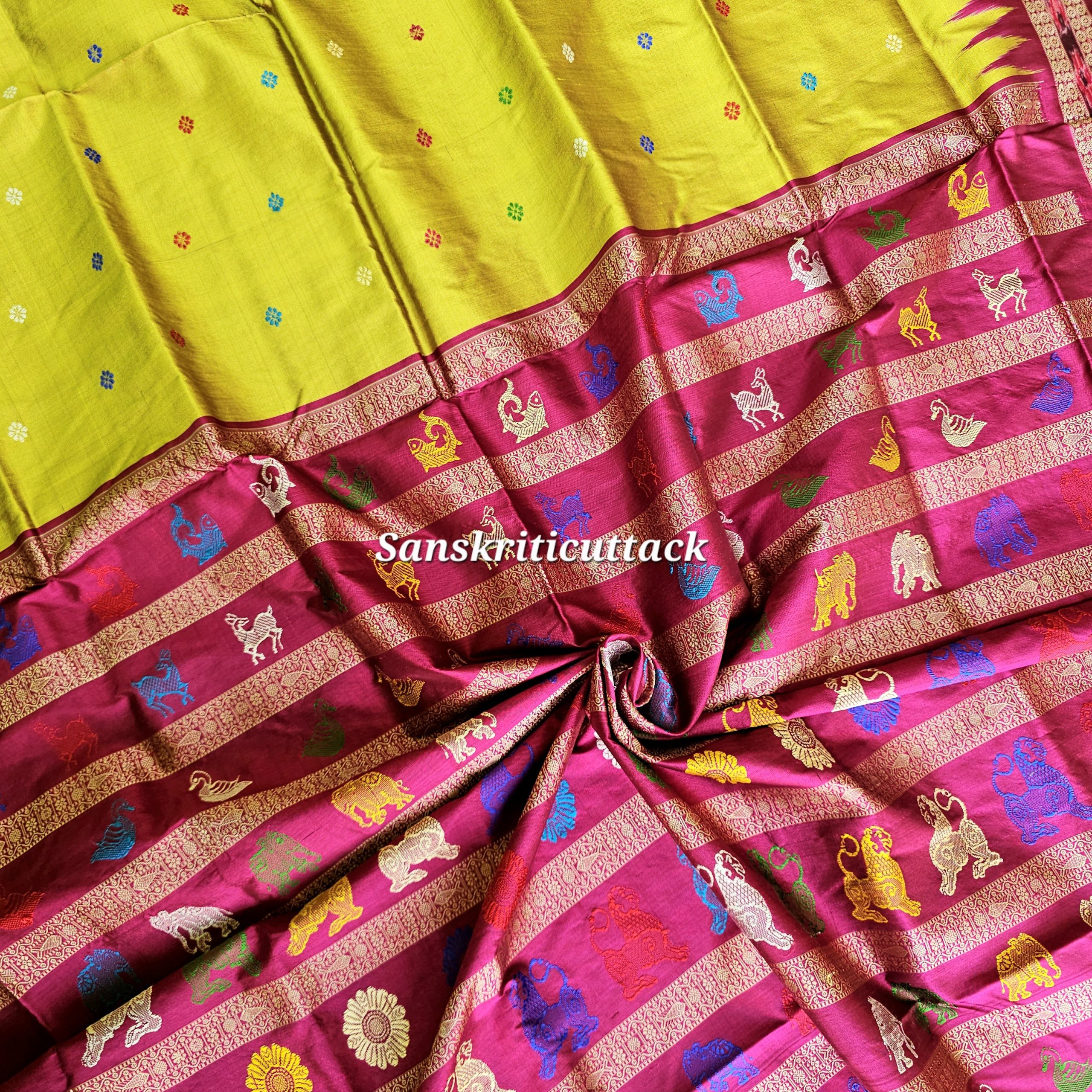 Handwoven Bomkai saree with intricate thread work, traditional Odisha motifs, contrast border, and rich pallu in vibrant colors